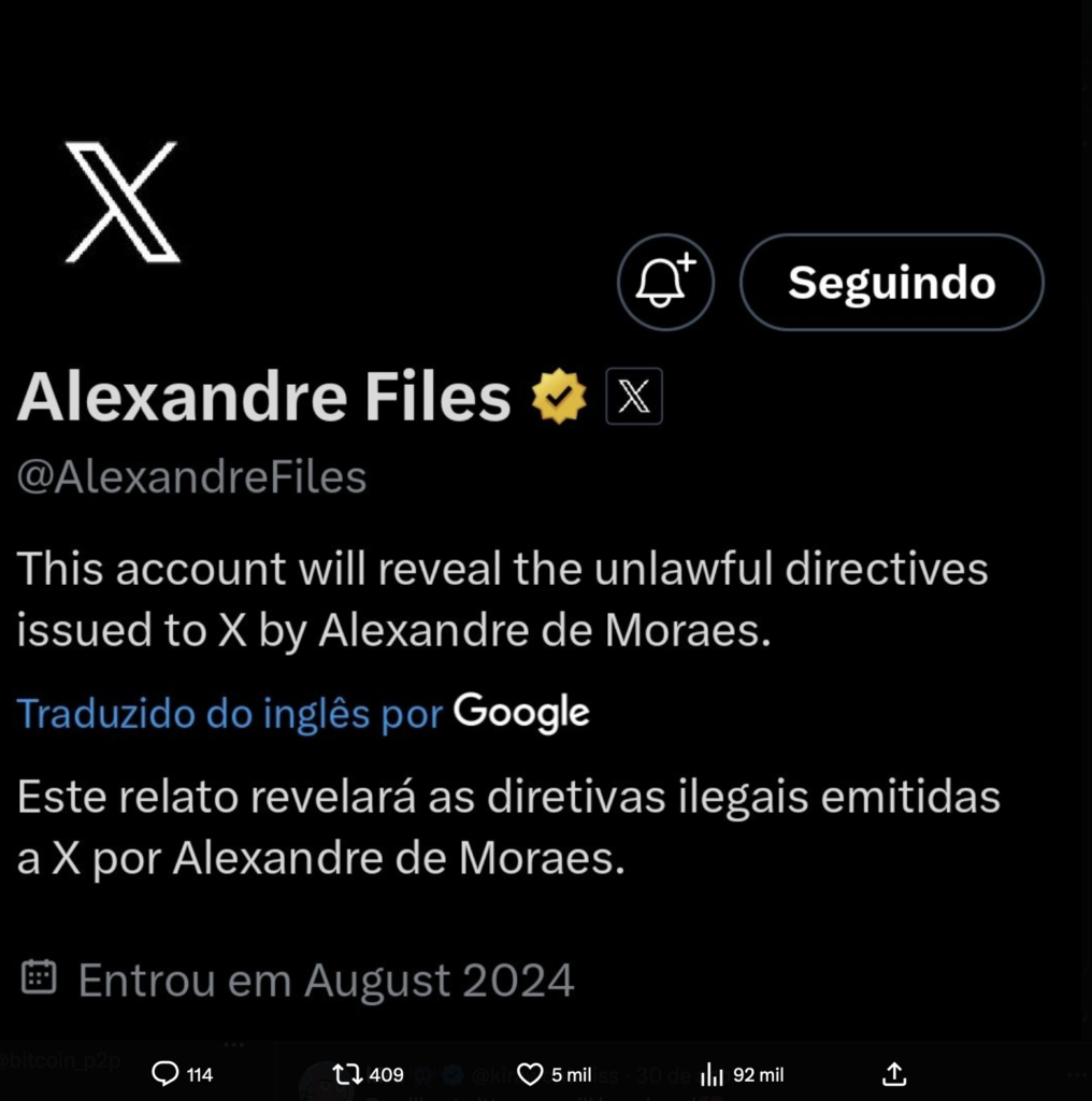 Alexandre files URGENTE PERFIL EXPOEM O JUIZ DO STF censura x bitcoinp2p elon musk crimes democracia deogecoin