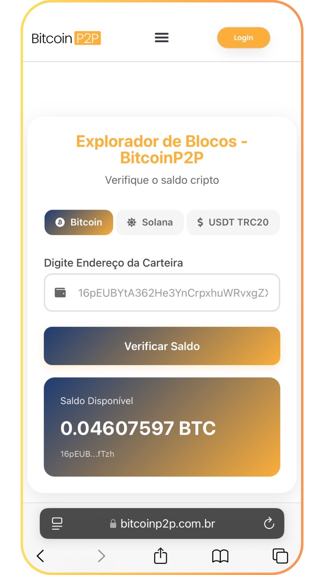 Explorador de blocos: carteiras bitcoin, solana e USDT - Bitcoin P2P