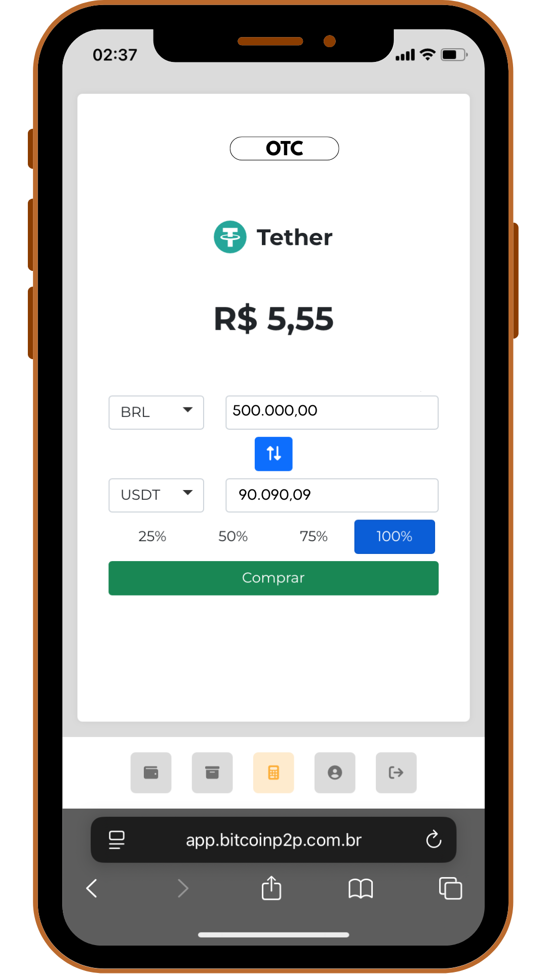 Mesa OTC BitcoinP2P ordem 500 mil reais preço fixo sem slippage