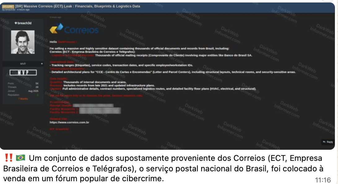 Vazamento de dados MORGUE e Correios — fórum de cibercrime