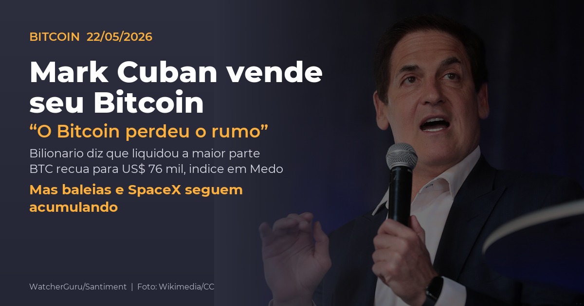 Mark Cuban afirma ter vendido a maior parte do seu Bitcoin em meio a queda do BTC. Credito: WatcherGuru