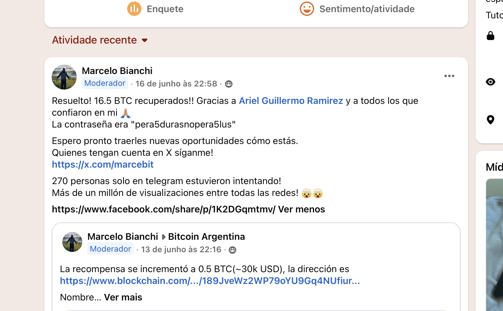 Anúncio da recuperação de 16,5 BTC no grupo Bitcoin Argentina
