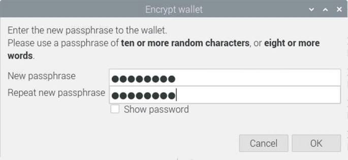 Tela Encrypt wallet do Bitcoin Core usada para criptografar a wallet.dat em 2013
